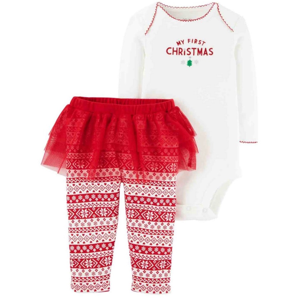 NEW Carters Baby Girl 1st Christmas White Creeper Red White Tutu Leggings Set NB